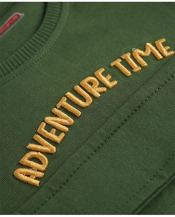 Babyhug 100% Cotton Terry Knit Full Sleeves T-Shirt & Joggers Set With Text Print & Fox Patch - Green