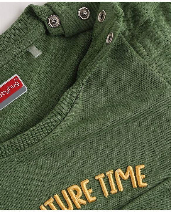 Babyhug 100% Cotton Terry Knit Full Sleeves T-Shirt & Joggers Set With Text Print & Fox Patch - Green