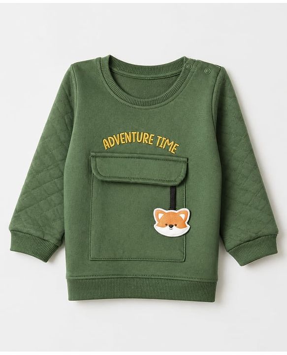Babyhug 100% Cotton Terry Knit Full Sleeves T-Shirt & Joggers Set With Text Print & Fox Patch - Green