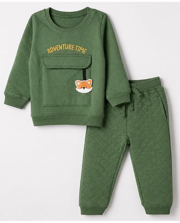 Babyhug 100% Cotton Terry Knit Full Sleeves T-Shirt & Joggers Set With Text Print & Fox Patch - Green