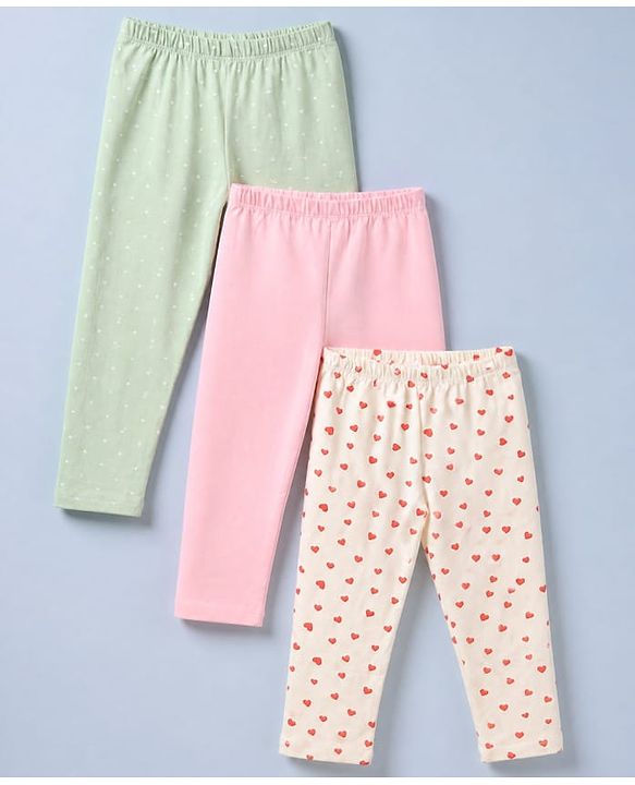 Babyhug Cotton Lycra Elastane Knit Slim Fit Full Length Solid Leggings with Hearts & Polka Dots Print Pack of 3 - Peach, Baby Pink & Light Green