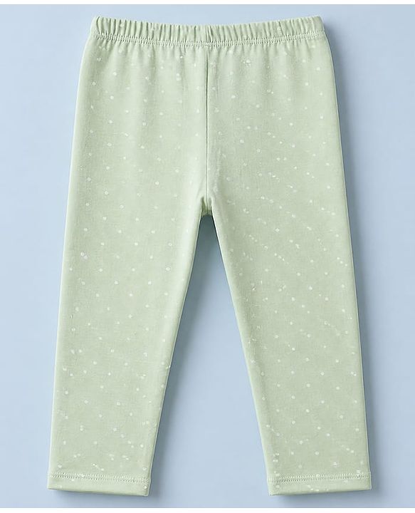 Babyhug Cotton Lycra Elastane Knit Slim Fit Full Length Solid Leggings with Hearts & Polka Dots Print Pack of 3 - Peach, Baby Pink & Light Green
