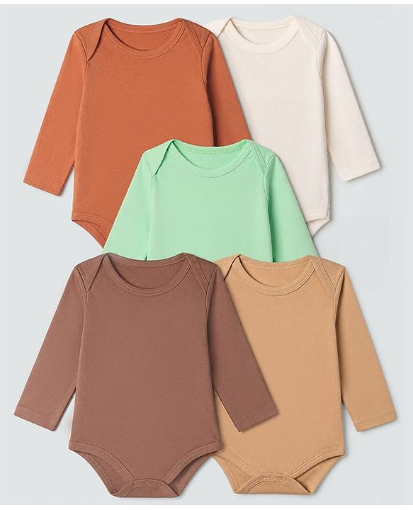 Babyhug 100% Cotton Interlock Knit Solid Onesies with Full Sleeves Pack of 5 - Rust Orange, Cream, Light Green, Brown & Light Brown