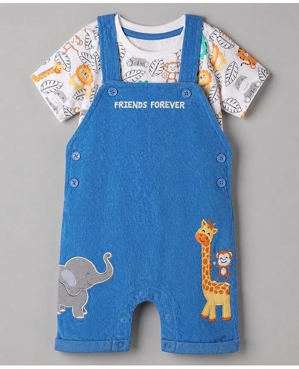 Babyhug 100% Cotton Single Jersey Knit Half Sleeves Dungaree With Animal Printed Inner Tee - White