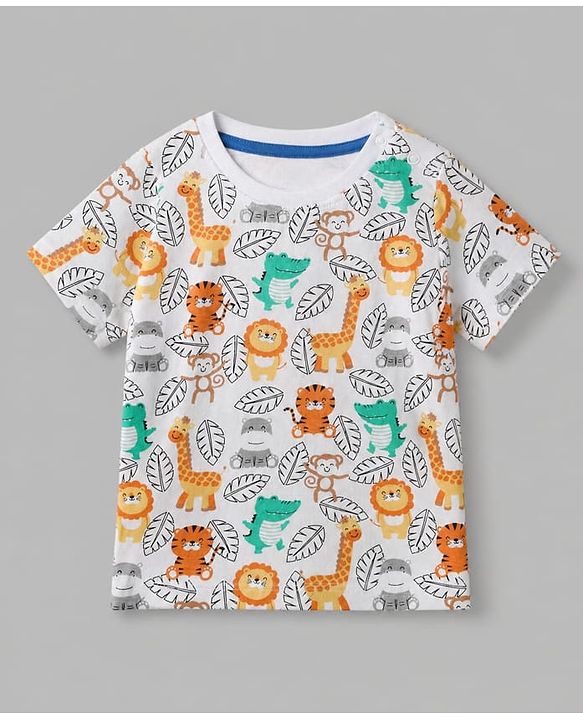Babyhug 100% Cotton Single Jersey Knit Half Sleeves Dungaree With Animal Printed Inner Tee - White