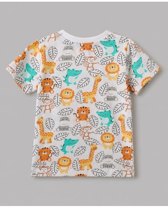 Babyhug 100% Cotton Single Jersey Knit Half Sleeves Dungaree With Animal Printed Inner Tee - White
