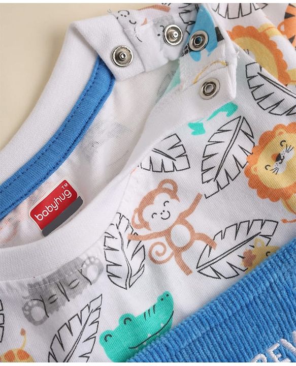 Babyhug 100% Cotton Single Jersey Knit Half Sleeves Dungaree With Animal Printed Inner Tee - White