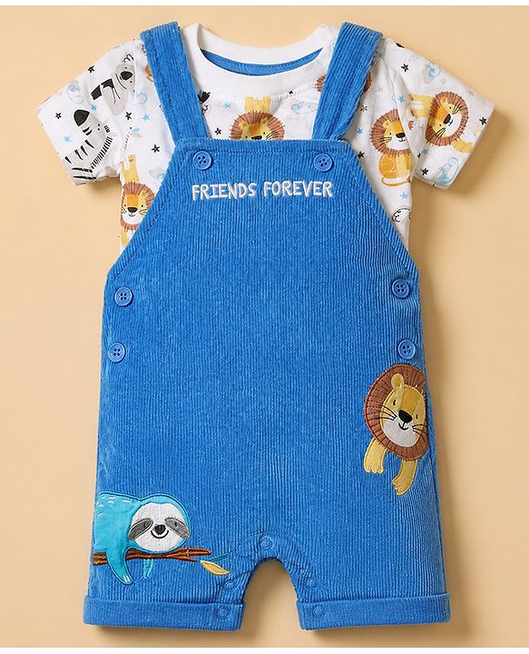 Babyhug 100% Cotton Single Jersey Knit Half Sleeves Dungaree With Inner Animal Printed Tee - White