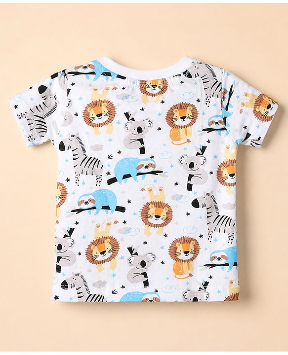 Babyhug 100% Cotton Single Jersey Knit Half Sleeves Dungaree With Inner Animal Printed Tee - White