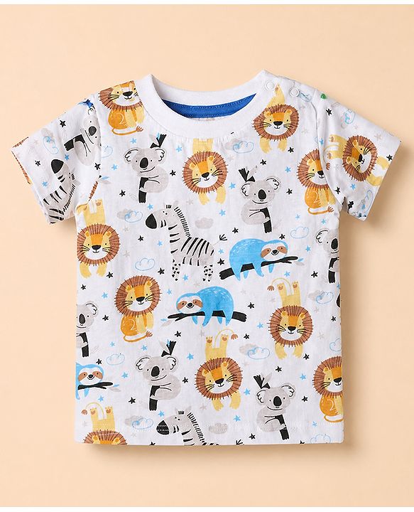 Babyhug 100% Cotton Single Jersey Knit Half Sleeves Dungaree With Inner Animal Printed Tee - White