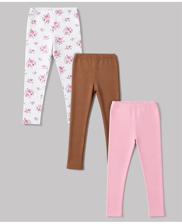 Babyhug Cotton Elastane Knit Solid Lycra Leggings With Floral Print Pack of 3 - Pink Brown White