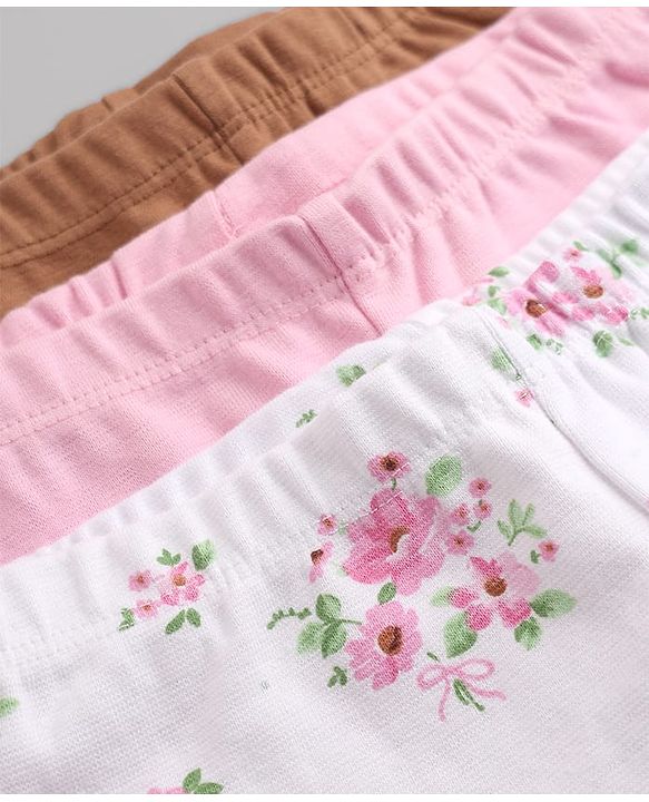 Babyhug Cotton Elastane Knit Solid Lycra Leggings With Floral Print Pack of 3 - Pink Brown White