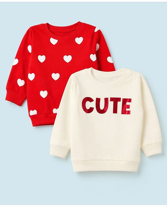 Babyhug Heavy Gauge 100% Cotton Terry Knit Full Sleeves Sweatshirts With Hearts and Cute Text Print Pack of 2 - Red & Beige