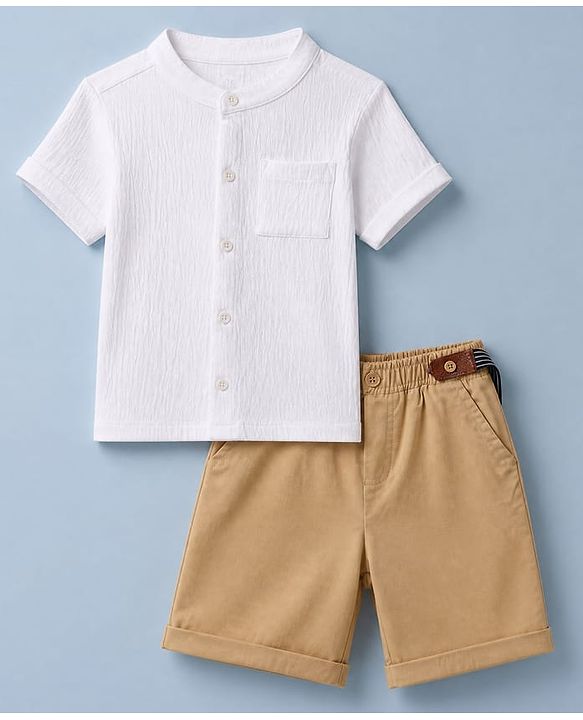 Babyhug 100% Cotton Woven Half Sleeves Shirt and Shorts Set with Suspender - White