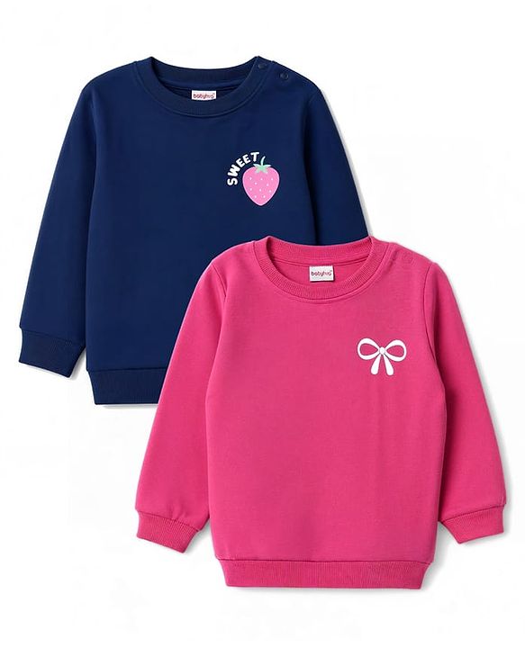 Babyhug Heavy Gauge 100% Cotton Terry Knit Full Sleeves Sweatshirt with Bow & Strawberry Print Pack of 2 - Dark Pink & Navy
