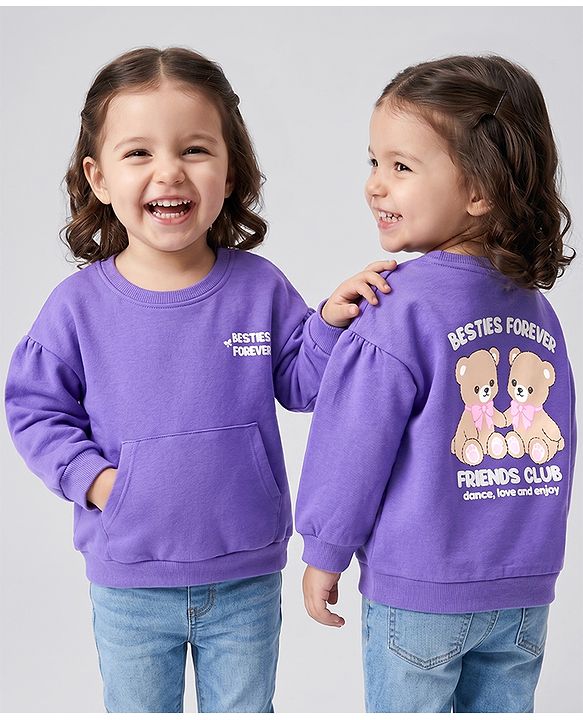 Babyhug 100% Cotton Terry Knit Heavy Gauge Full Sleeves Bear & Text Printed Sweatshirt at Front & Back - Purple