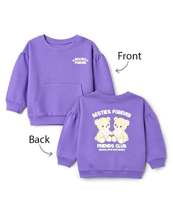 Babyhug 100% Cotton Terry Knit Heavy Gauge Full Sleeves Bear & Text Printed Sweatshirt at Front & Back - Purple