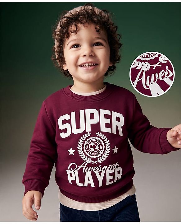 Babyhug 100% Cotton Terry Knit Full Sleeves Sweatshirt with Super Player Print - Wine