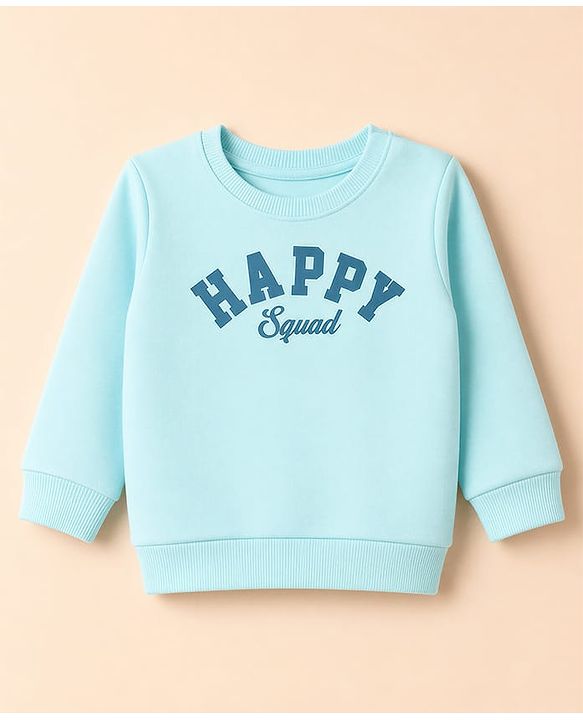 Babyhug 100% Cotton Terry Knit Sweatshirt with Full Sleeves and Happy Squad Print - Light Blue