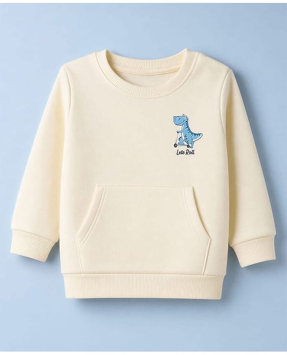 Babyhug Heavy Gauge Terry Knit Full Sleeves Sweatshirt with Dino Print & Kangaroo Pocket  - Off White