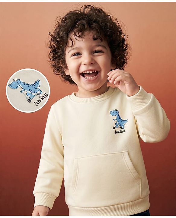 Babyhug Heavy Gauge Terry Knit Full Sleeves Sweatshirt with Dino Print & Kangaroo Pocket  - Off White