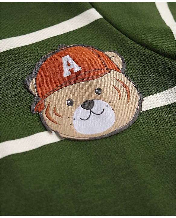 Babyhug 100% Cotton Heavy Gauge Terry Knit Striped Sweatshirt with Full Sleeves & Bear Patch with The Cool Club Text Print - Olive Green