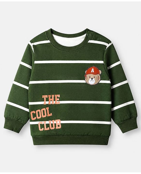 Babyhug 100% Cotton Heavy Gauge Terry Knit Striped Sweatshirt with Full Sleeves & Bear Patch with The Cool Club Text Print - Olive Green