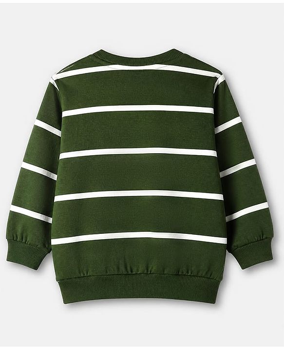 Babyhug 100% Cotton Heavy Gauge Terry Knit Striped Sweatshirt with Full Sleeves & Bear Patch with The Cool Club Text Print - Olive Green