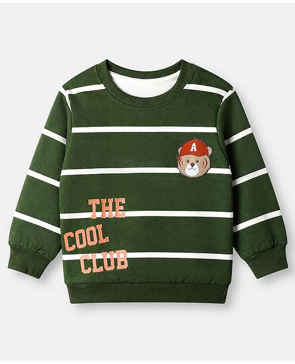 Babyhug 100% Cotton Heavy Gauge Terry Knit Striped Sweatshirt with Full Sleeves & Bear Patch with The Cool Club Text Print - Olive Green