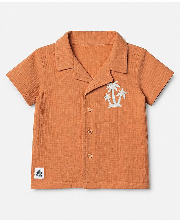 Babyhug 100% Cotton Woven Half Sleeves Shirt and Shorts with Palm Trees Embroidery in Brown for 12-18 Months