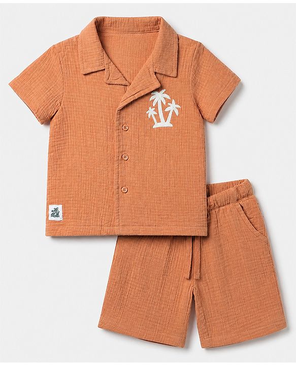 Babyhug 100% Cotton Woven Half Sleeves Shirt and Shorts with Palm Trees Embroidery in Brown for 12-18 Months