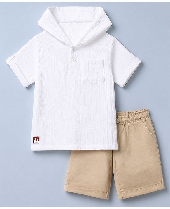 Babyhug 100% Cotton Woven Half Sleeves Hooded T-Shirt and Shorts Set - White