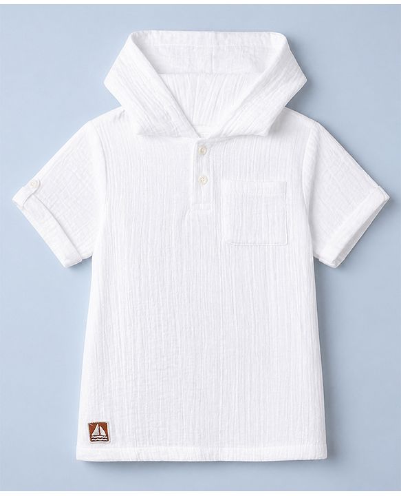 Babyhug 100% Cotton Woven Half Sleeves Hooded T-Shirt and Shorts Set - White