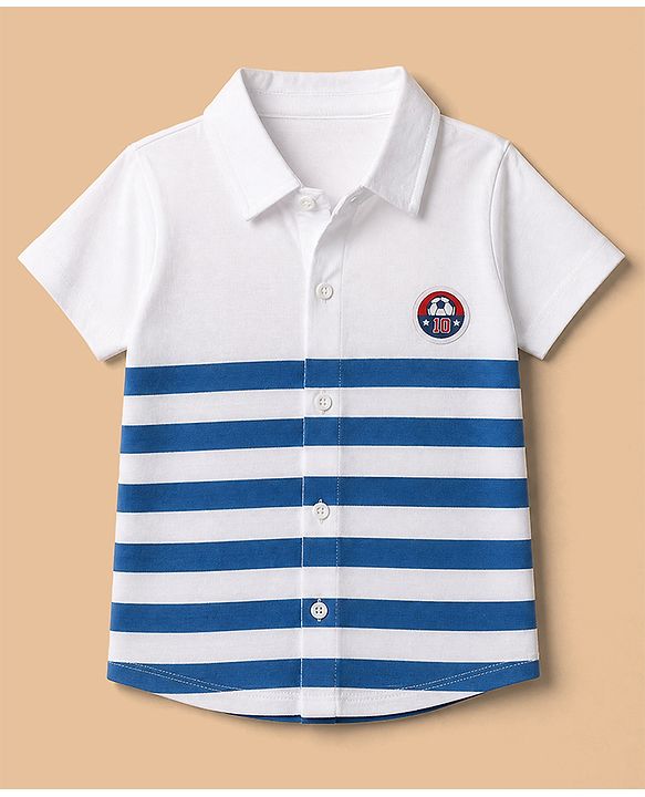 Babyhug 100% Cotton Knit Half Sleeves Striped Shirt & Shorts Set With Soccer Ball Patch - White