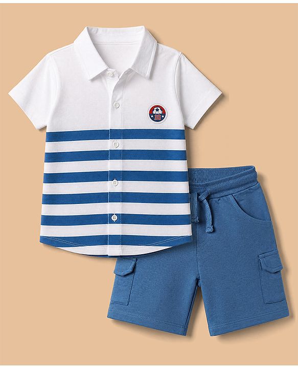 Babyhug 100% Cotton Knit Half Sleeves Striped Shirt & Shorts Set With Soccer Ball Patch - White