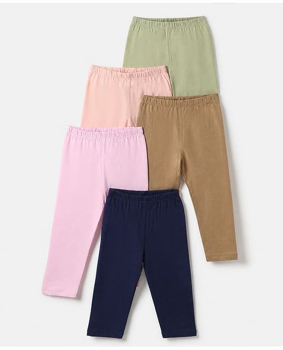 Babyhug Cotton Lycra Knit Full Length Solid Leggings Pack Of 5 - Navy Blue Pink Olive Green & Brown
