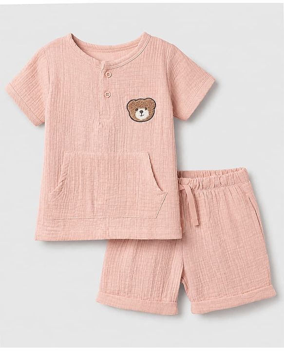 Babyhug 100% Cotton Woven Half Sleeves T-Shirt and Shorts with Bear Applique in Pink