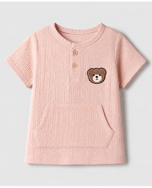 Babyhug 100% Cotton Woven Half Sleeves T-Shirt and Shorts with Bear Applique in Pink