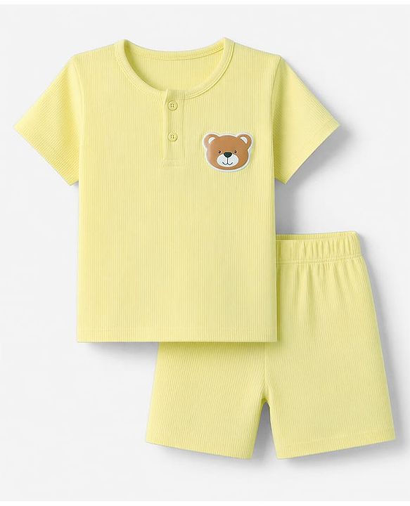 Babyhug 100% Cotton Knit Half Sleeves Bear Patch T-Shirt & Shorts - Yellow