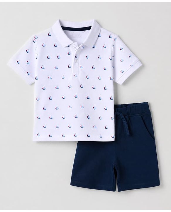 Babyhug 100% Cotton Single Jersey Knit Half Sleeves T-Shirt and Shorts Set With Boat Print - Blue & White
