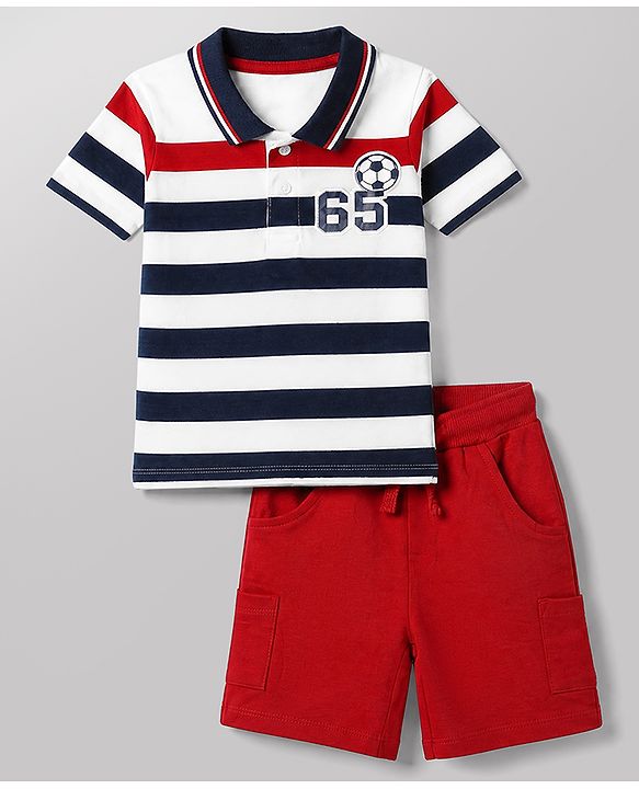 Babyhug 100% Cotton Single Jersey Knit Half Sleeves Striped T-Shirt & Shorts Set With Varsity Print - Red