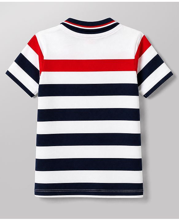 Babyhug 100% Cotton Single Jersey Knit Half Sleeves Striped T-Shirt & Shorts Set With Varsity Print - Red