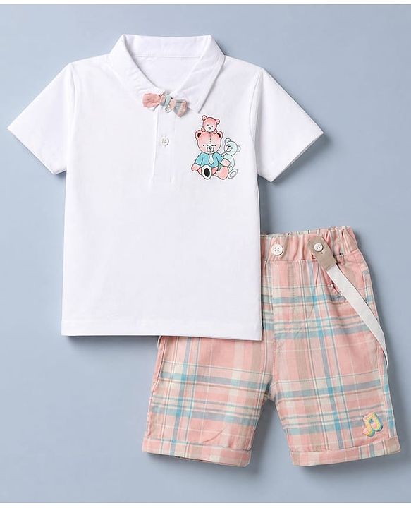 Babyhug 100% Cotton Knit Half Sleeves Striped T-Shirt and Shorts Set With Bear Print & Bow & Suspender - White