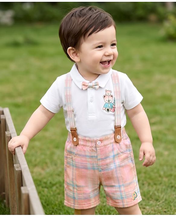 Babyhug 100% Cotton Knit Half Sleeves Striped T-Shirt and Shorts Set With Bear Print & Bow & Suspender - White