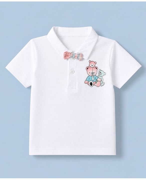 Babyhug 100% Cotton Knit Half Sleeves Striped T-Shirt and Shorts Set With Bear Print & Bow & Suspender - White