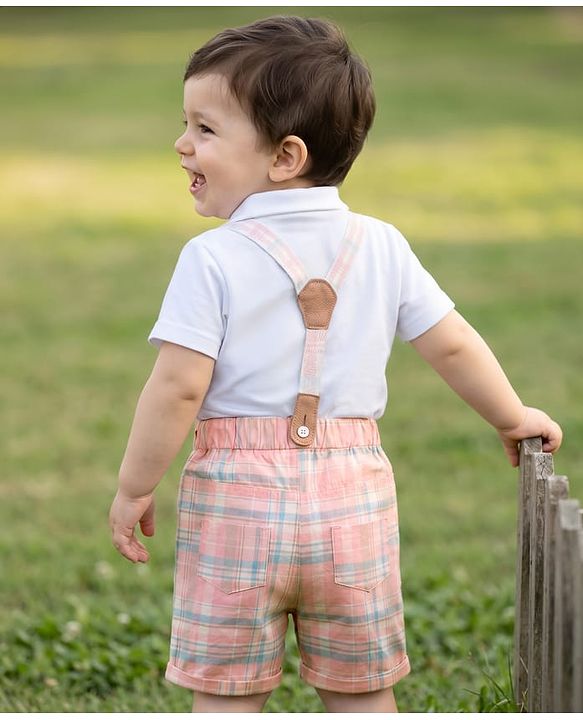Babyhug 100% Cotton Knit Half Sleeves Striped T-Shirt and Shorts Set With Bear Print & Bow & Suspender - White