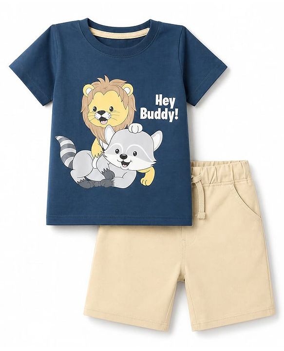 Babyhug Single Jersey Knit Lion Printed T-Shirt & Shorts Set - Navy Blue