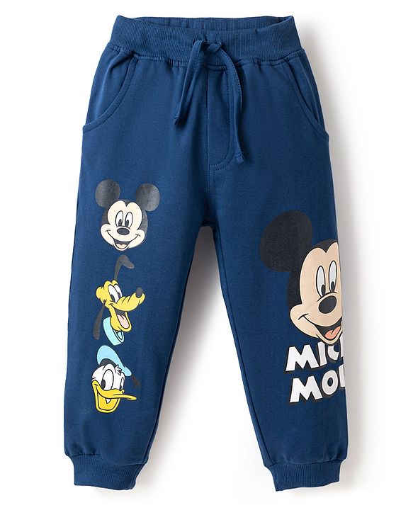 Babyhug Disney 100% Cotton Knit Full Sleeves T-Shirt & Joggers Set With Mickey Mouse Graphics - Red & Navy Blue