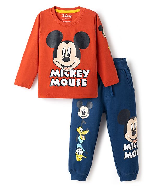 Babyhug Disney 100% Cotton Knit Full Sleeves T-Shirt & Joggers Set With Mickey Mouse Graphics - Red & Navy Blue