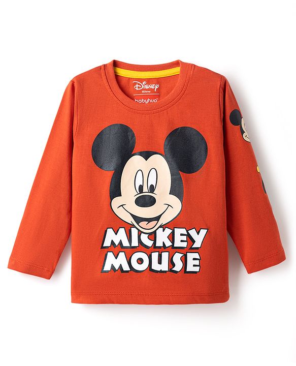 Babyhug Disney 100% Cotton Knit Full Sleeves T-Shirt & Joggers Set With Mickey Mouse Graphics - Red & Navy Blue